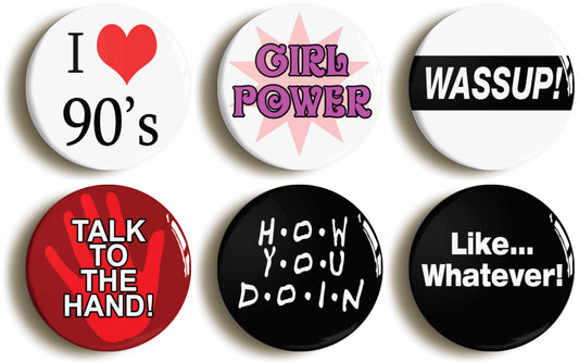 A picture of a set of six badges