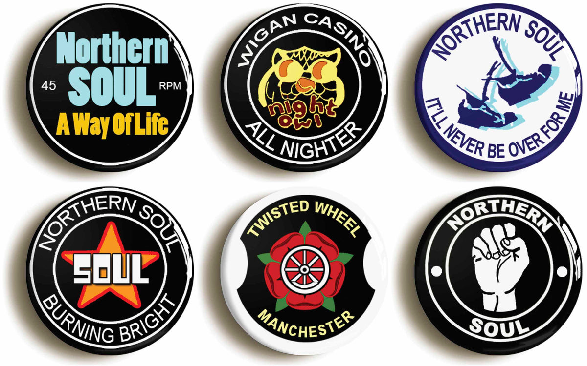 A picture of a set of six badges