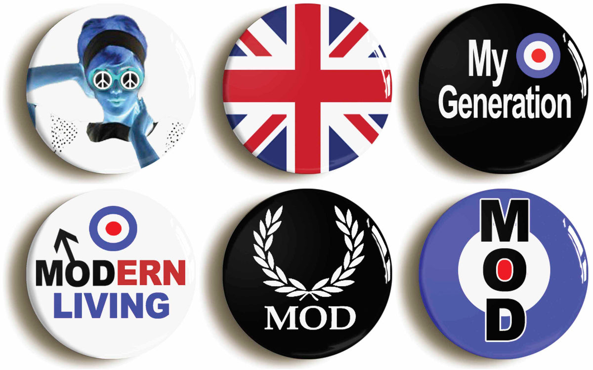 A picture of a set of six badges