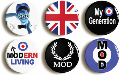 A picture of a set of six badges