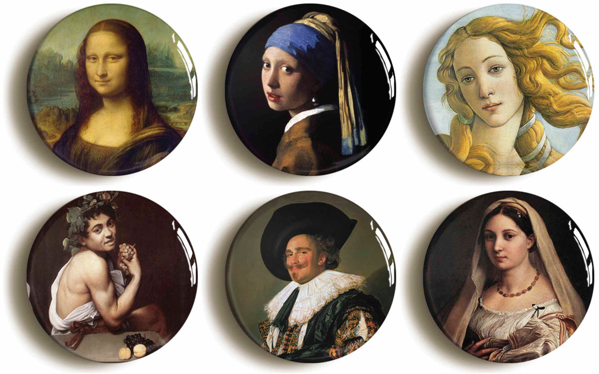 A picture of a set of six badges