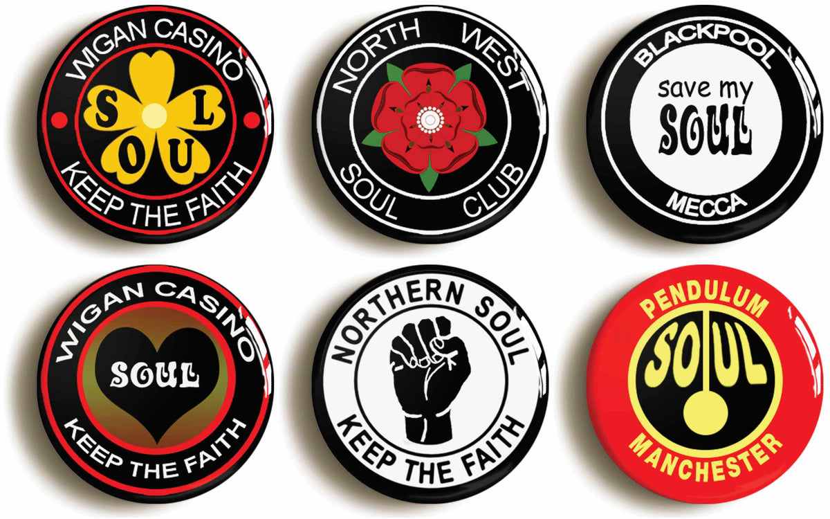 A picture of a set of six badges