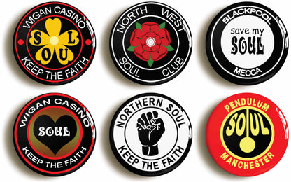 A picture of a set of six badges