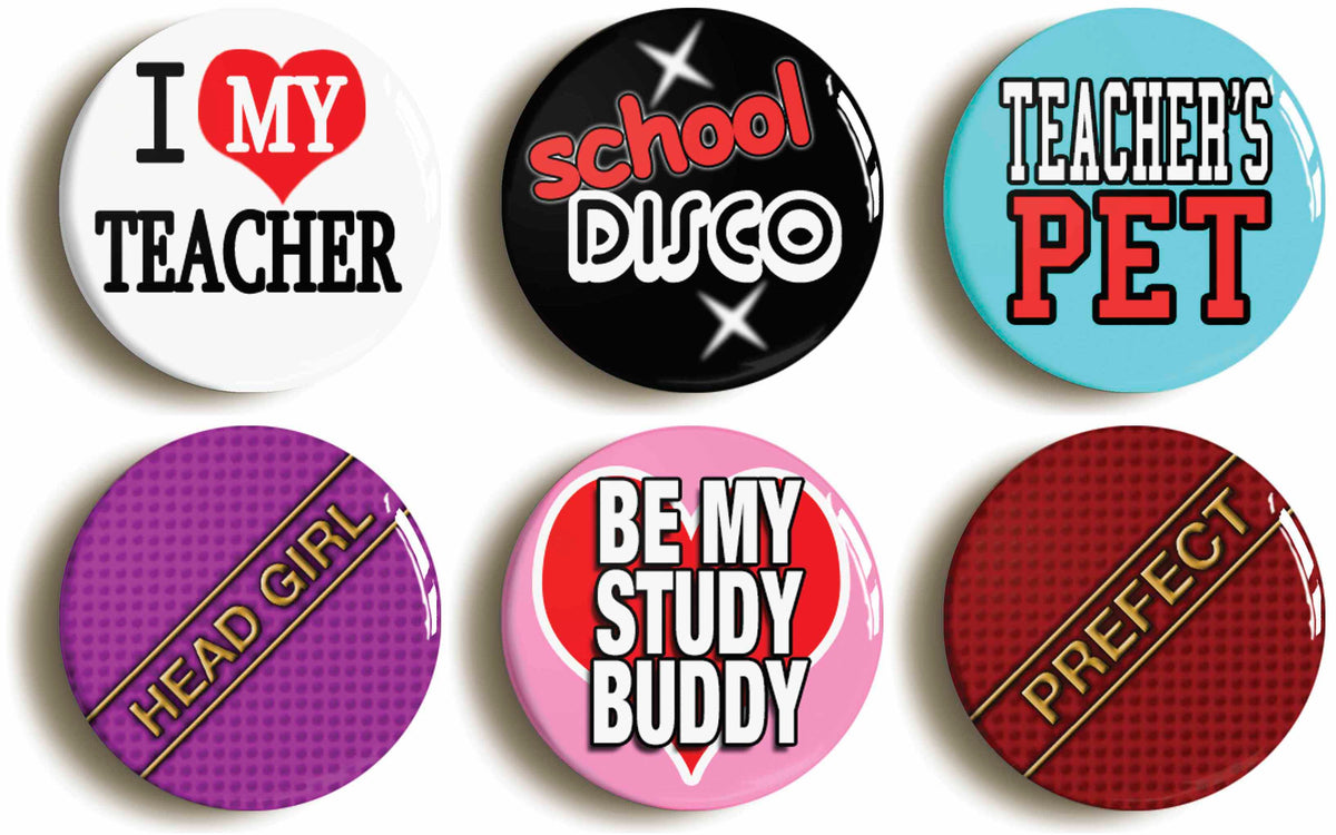 A picture of a set of six badges