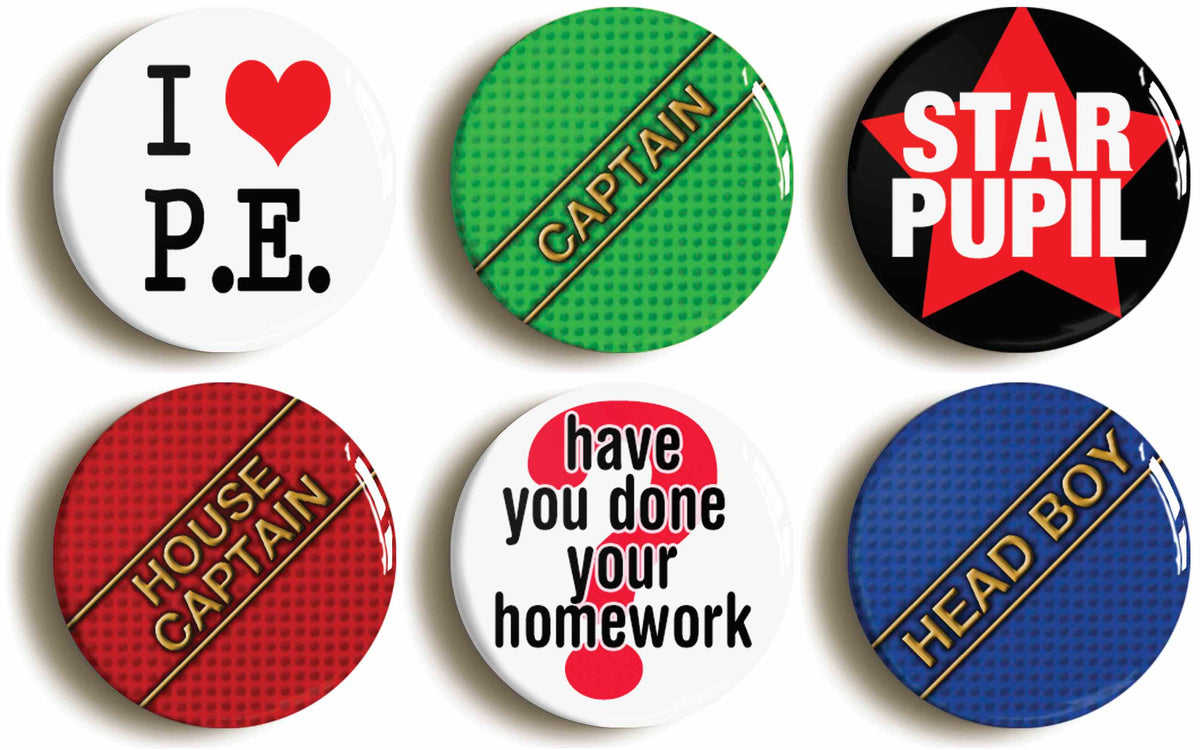 A picture of a set of six badges