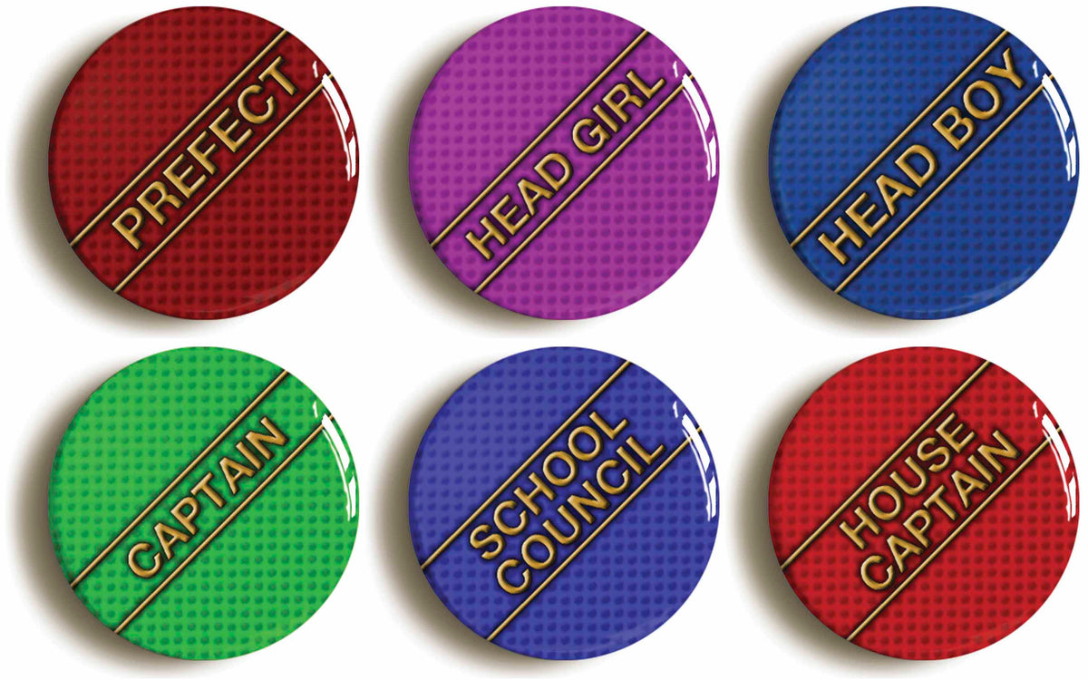 A picture of a set of six badges