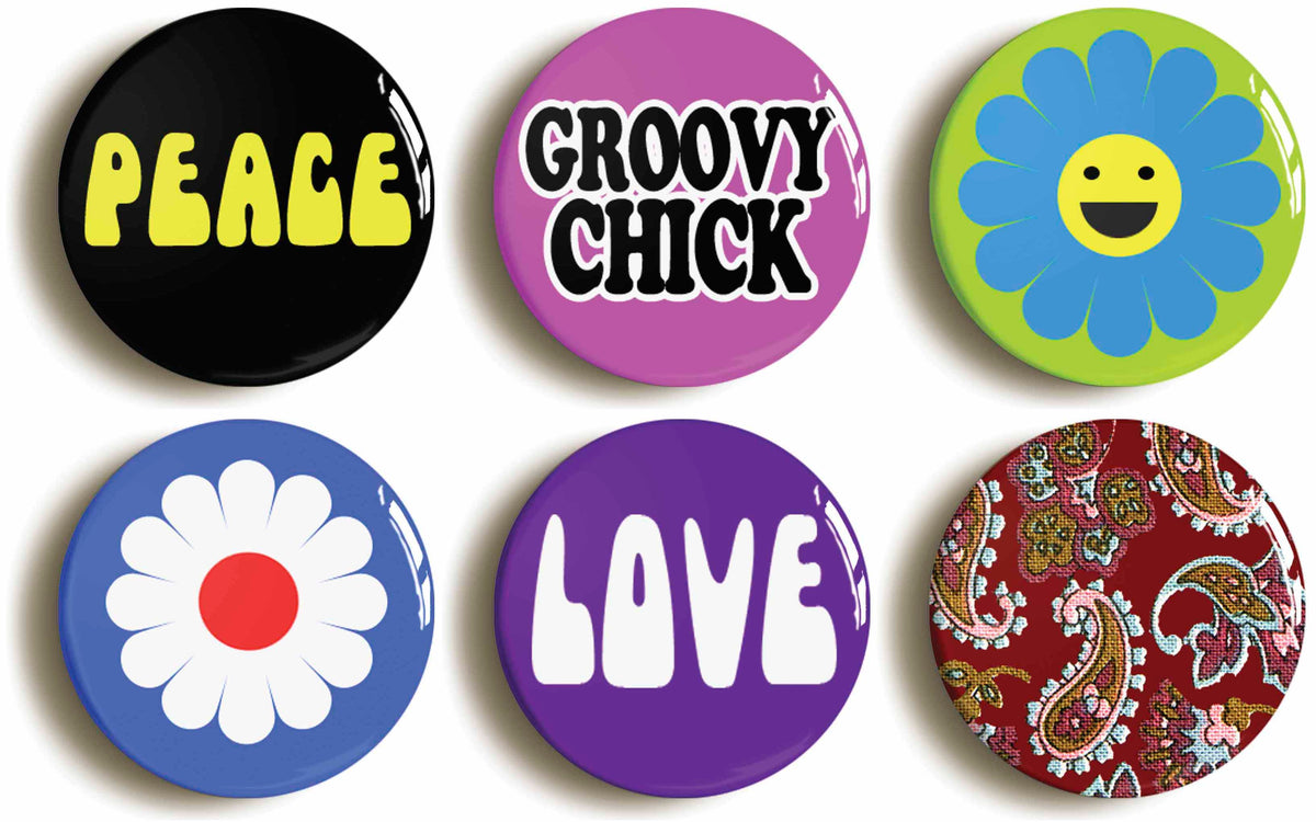 A picture of a set of six badges