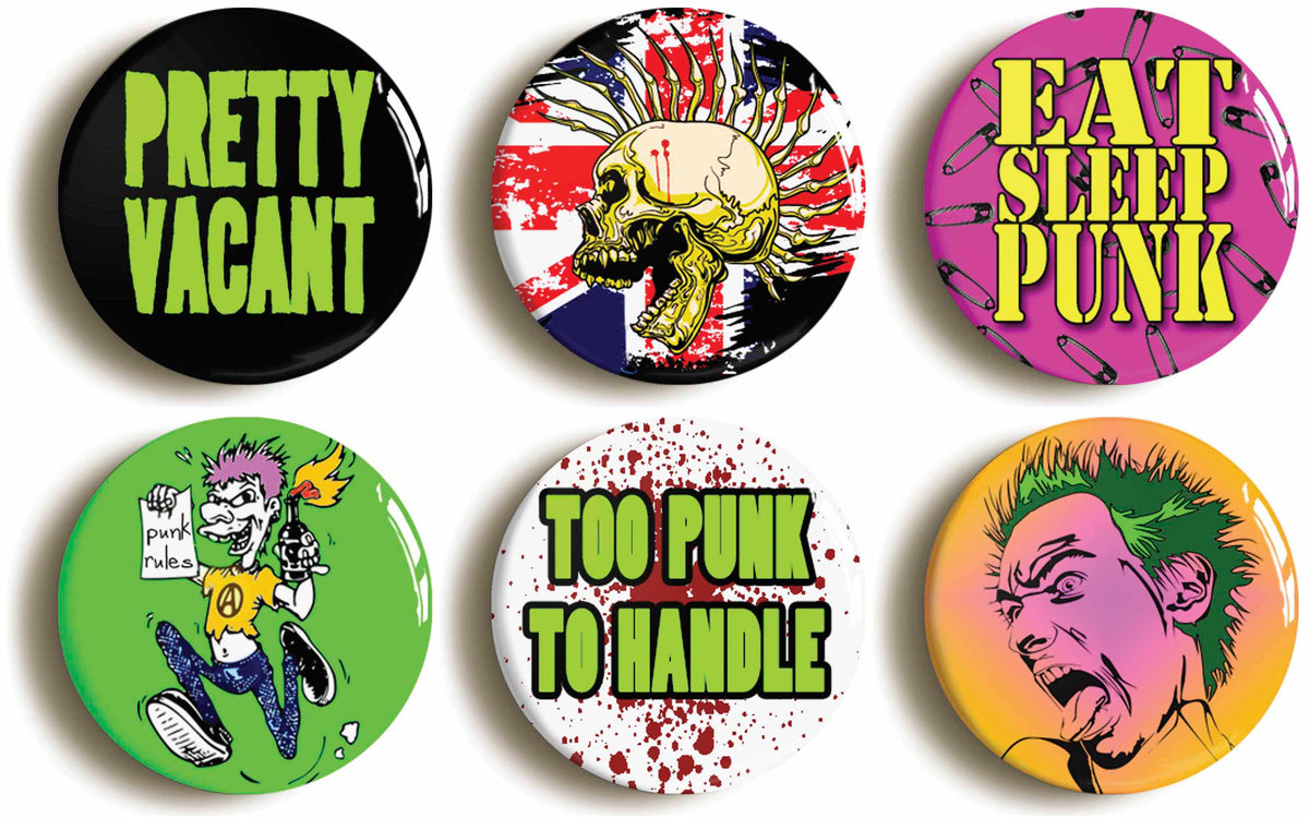 A picture of a set of six badges