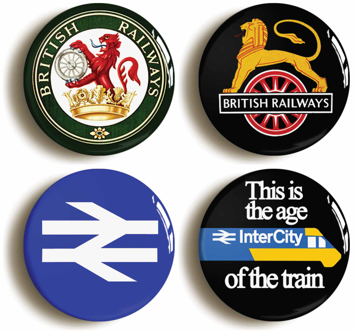 A picture of a set of four badges
