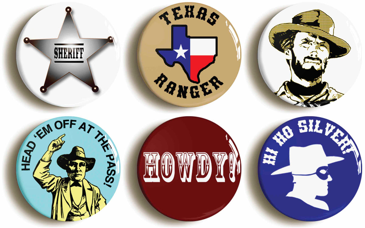 A picture of a set of six badges