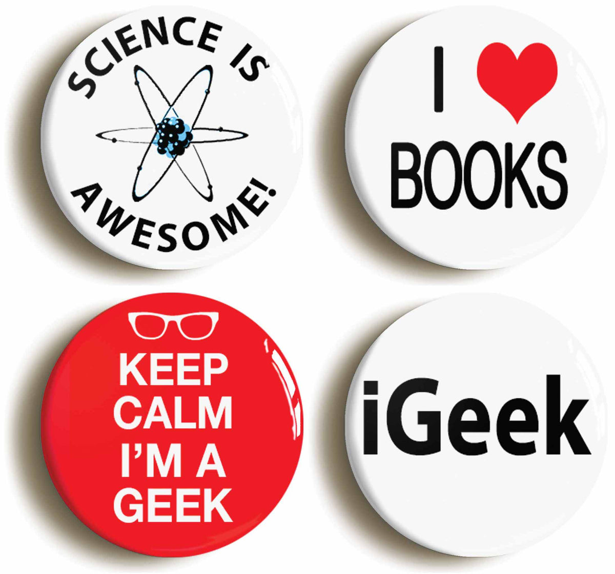 A picture of a set of four badges