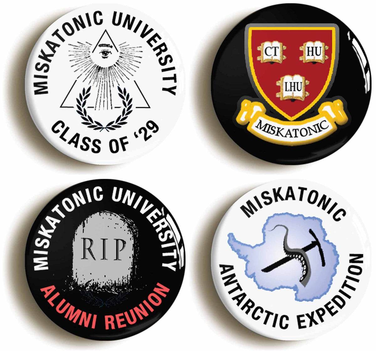 A picture of a set of four badges