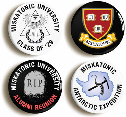 A picture of a set of four badges