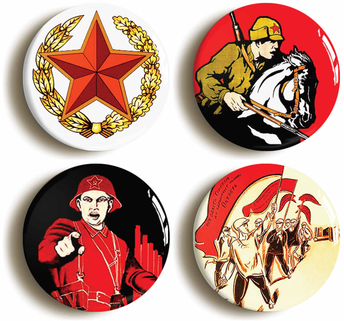 A picture of a set of four badges