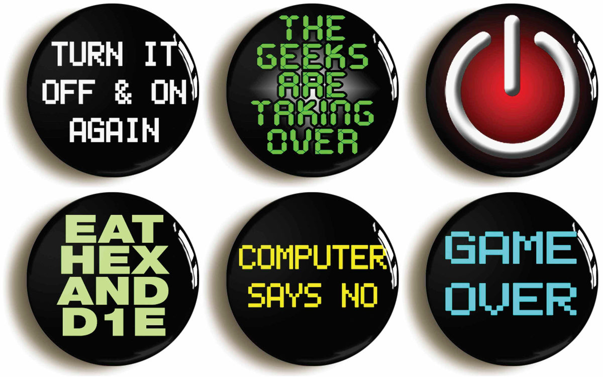 A picture of a set of six badges