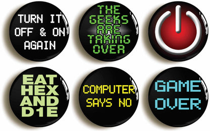 A picture of a set of six badges