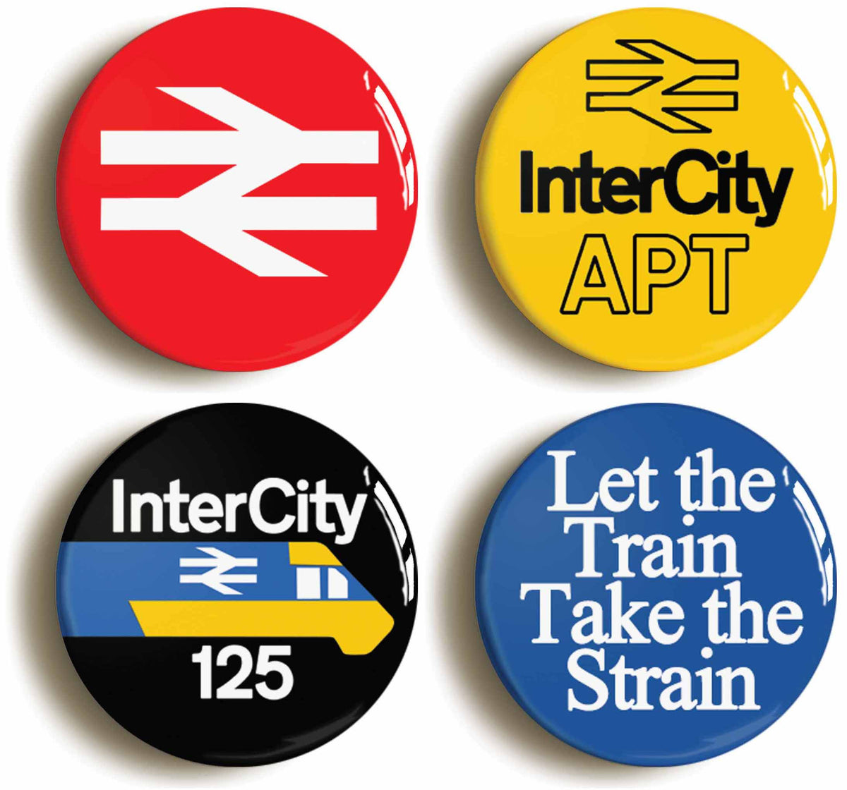 A picture of a set of four badges