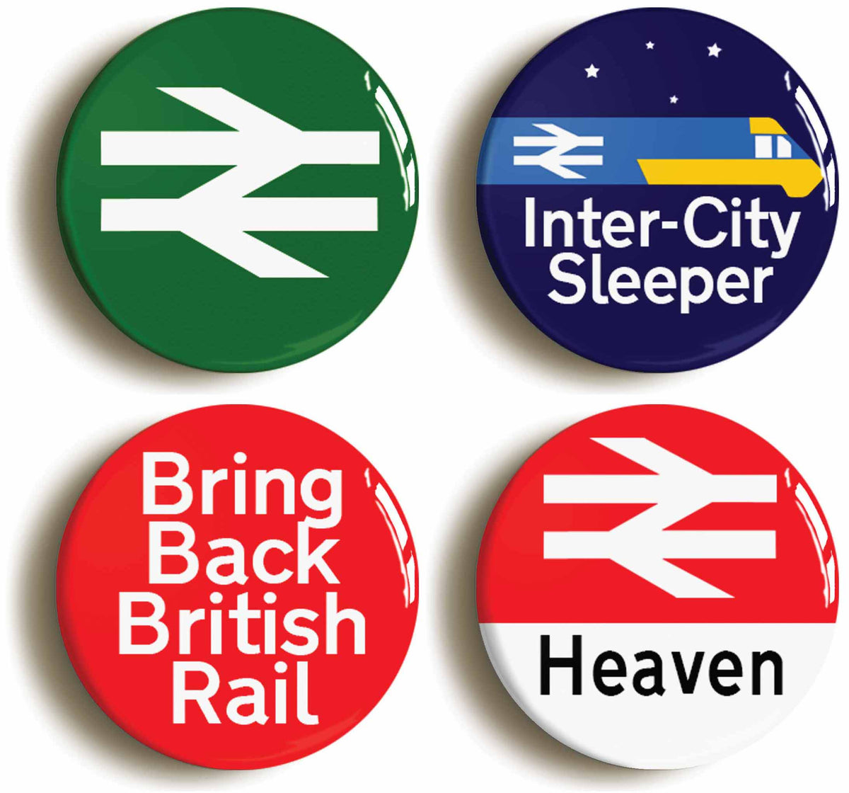 A picture of a set of four badges