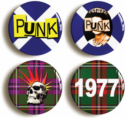 A picture of a set of four badges