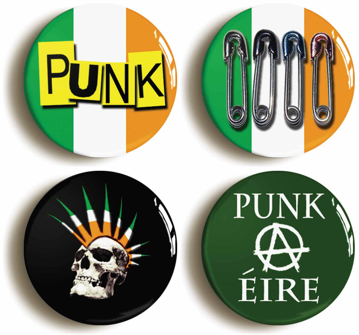 A picture of a set of four badges