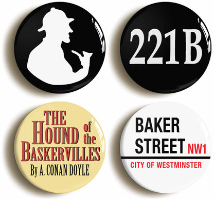 A picture of a set of four badges