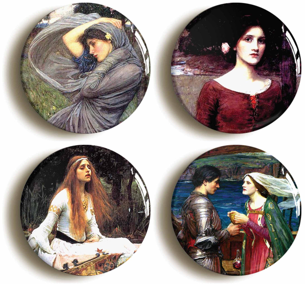 A picture of a set of four badges