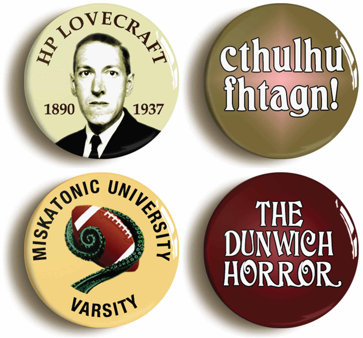 A picture of a set of four badges