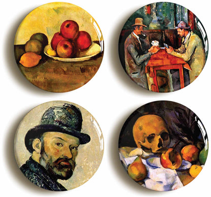 A picture of a set of four badges