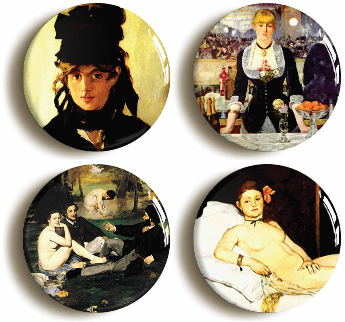 A picture of a set of four badges