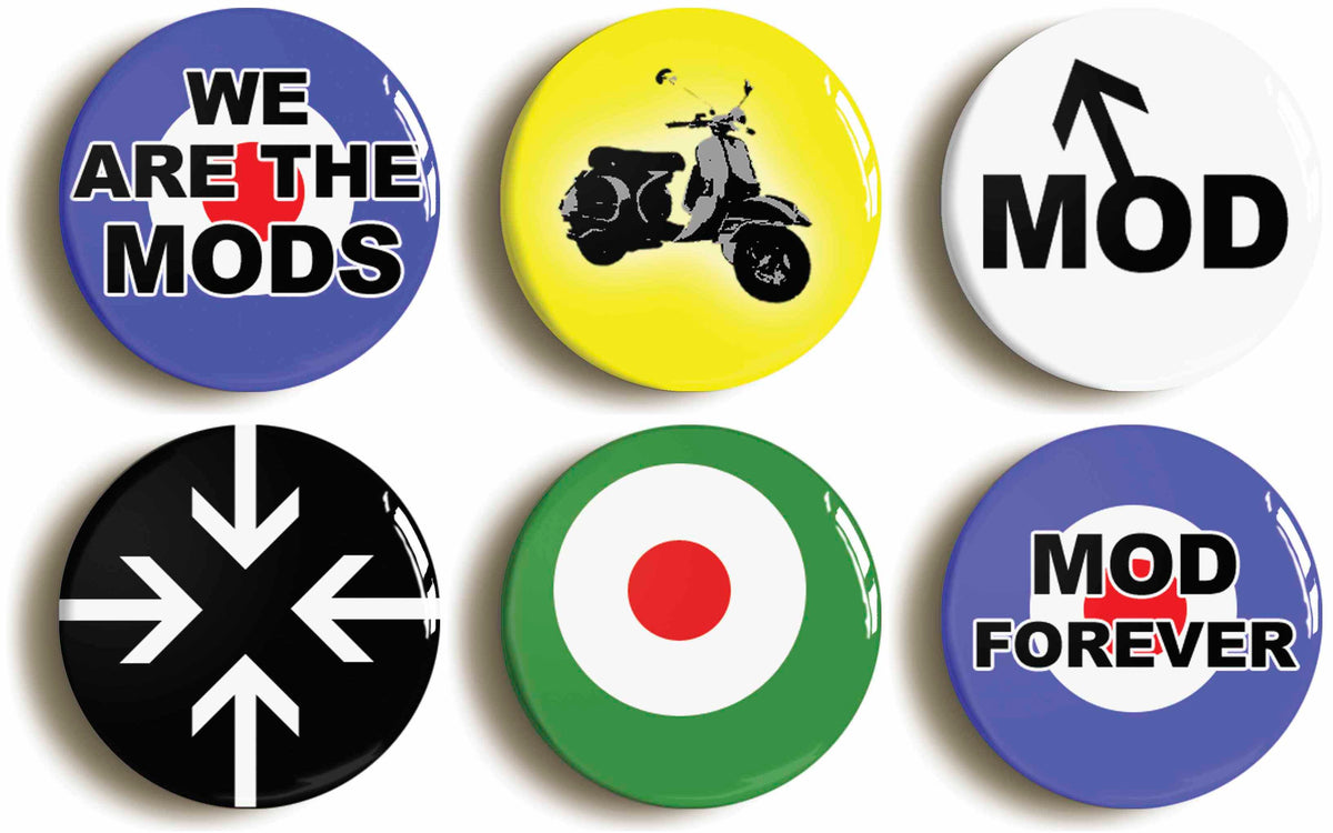 A picture of a set of six badges