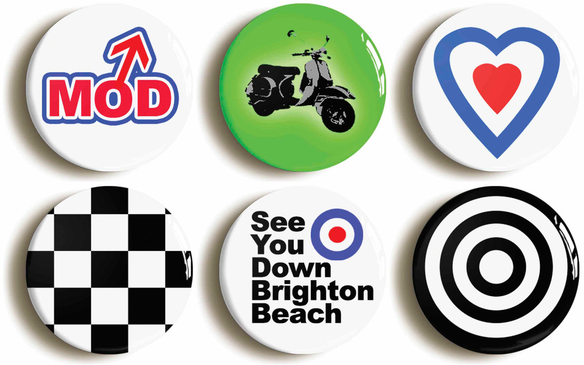 A picture of a set of six badges