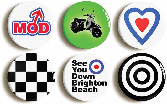 A picture of a set of six badges
