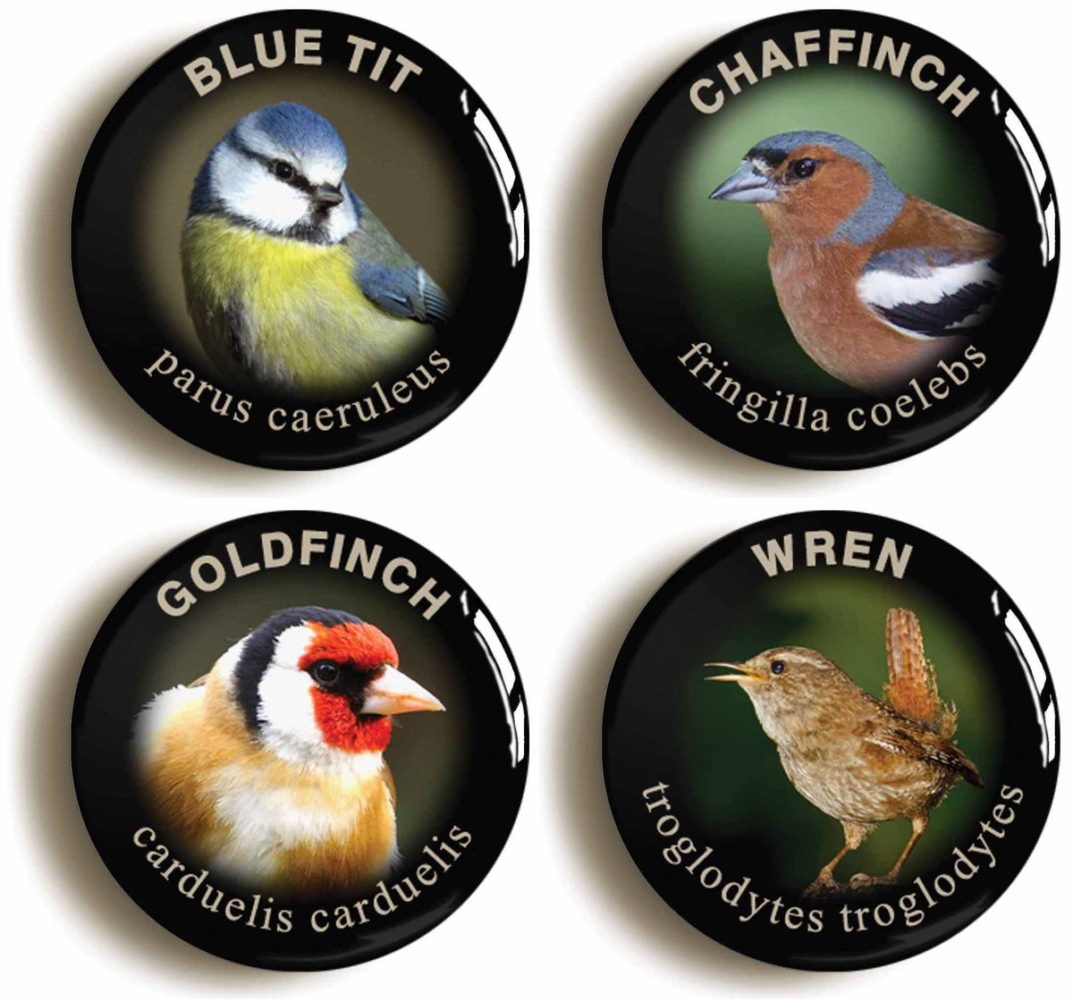 A picture of a set of four badges