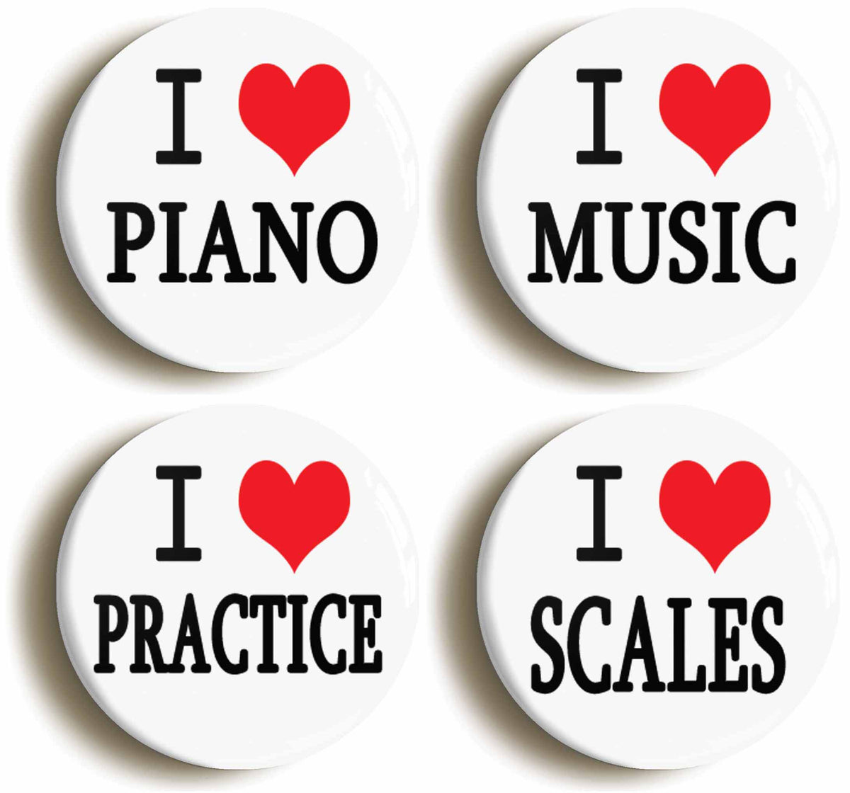A picture of a set of four badges