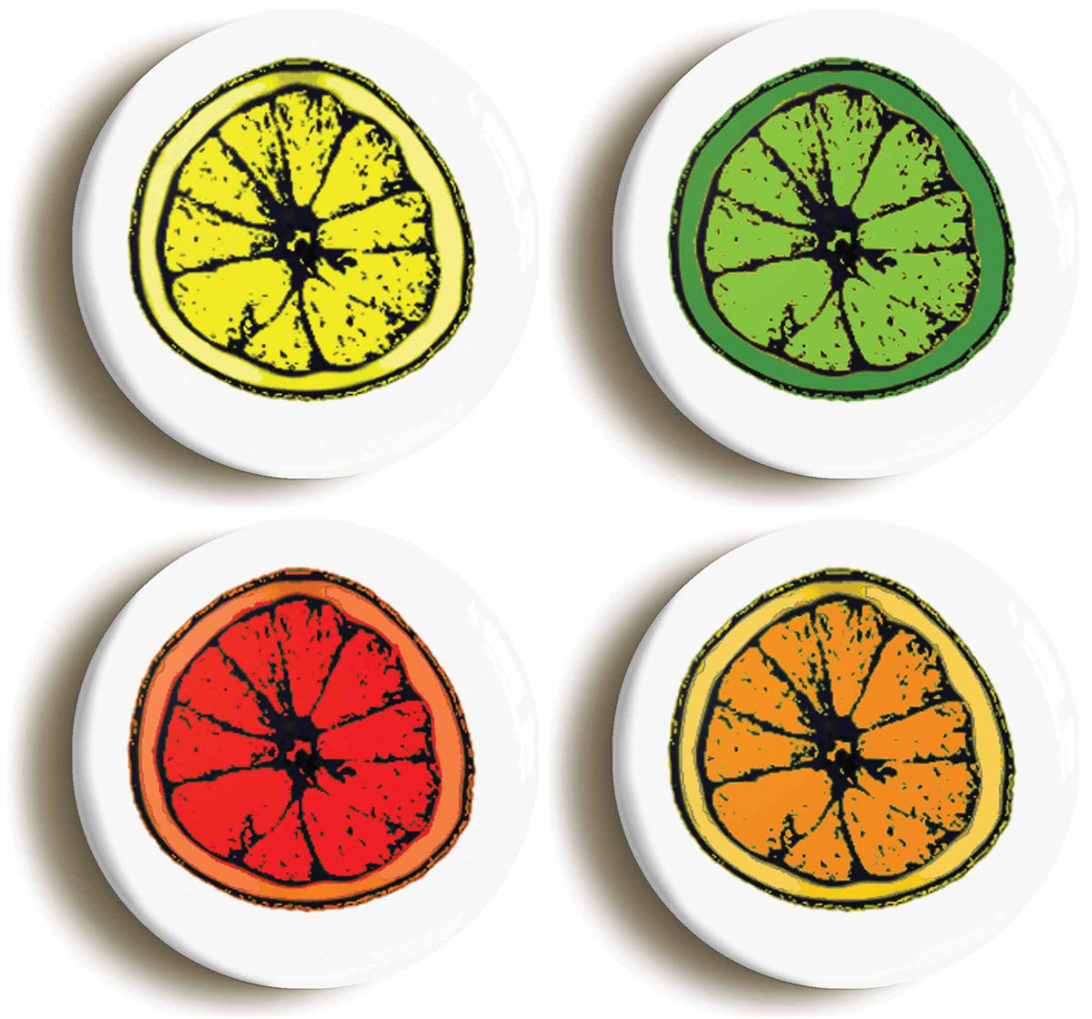 A picture of a set of four badges