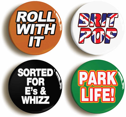 A picture of a set of four badges