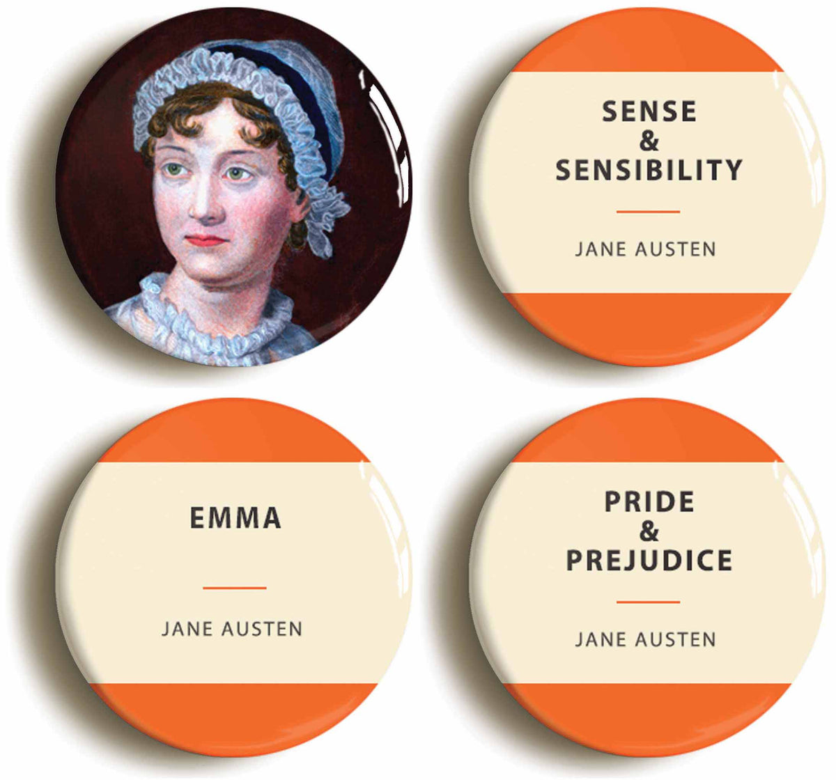A picture of a set of four badges