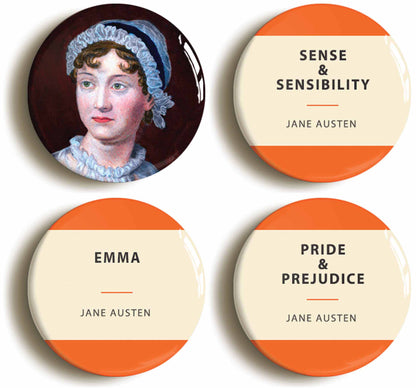 A picture of a set of four badges