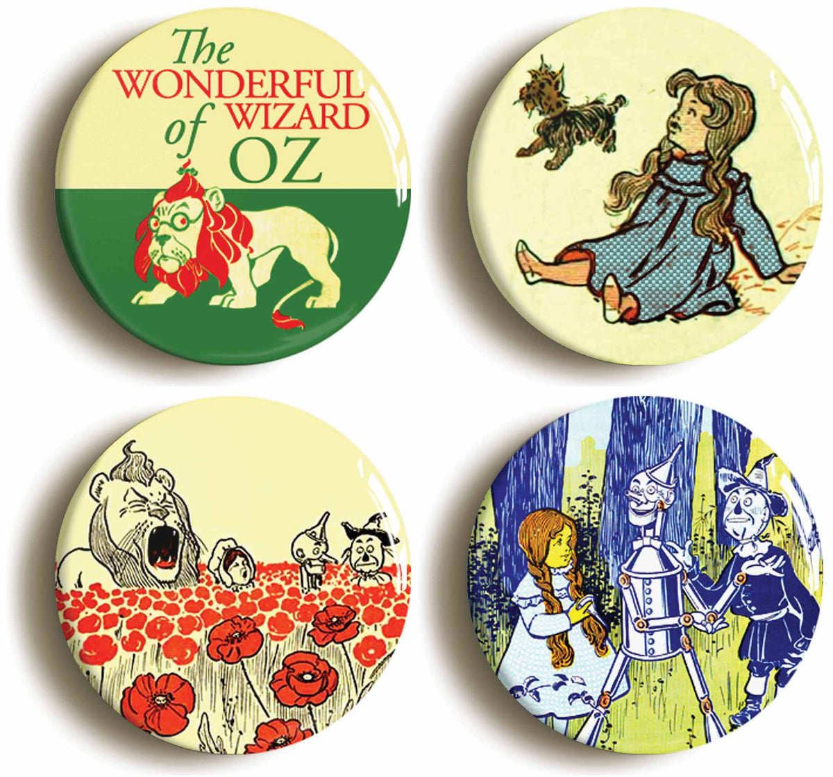 A picture of a set of four badges