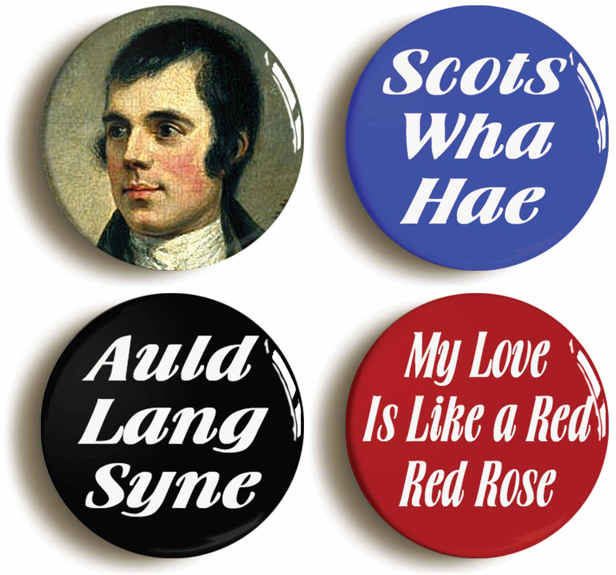 A picture of a set of four badges