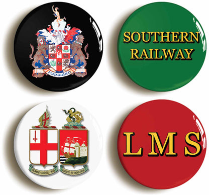 A picture of a set of four badges