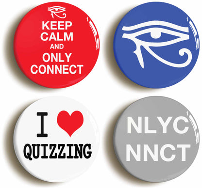 A picture of a set of four badges