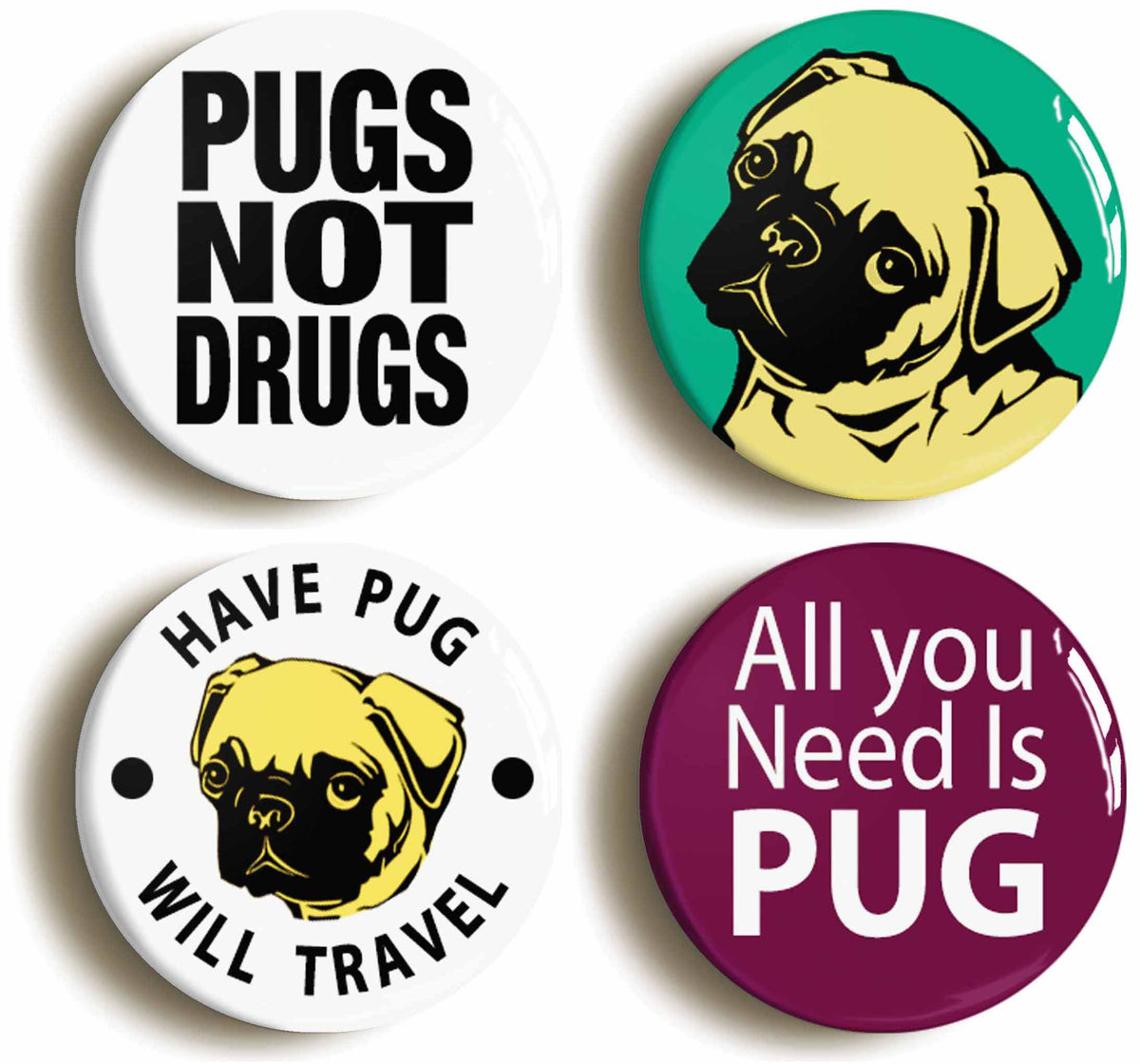 A picture of a set of four badges