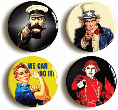 A picture of a set of four badges