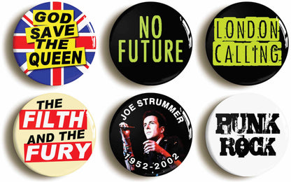 A picture of a set of six badges