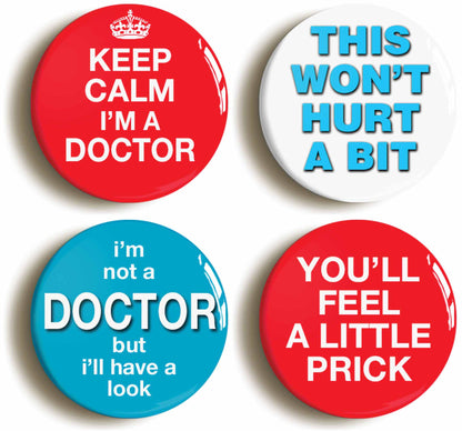 A picture of a set of four badges