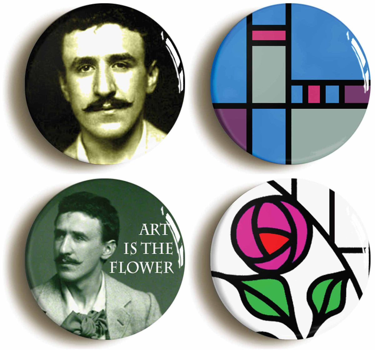 A picture of a set of four badges