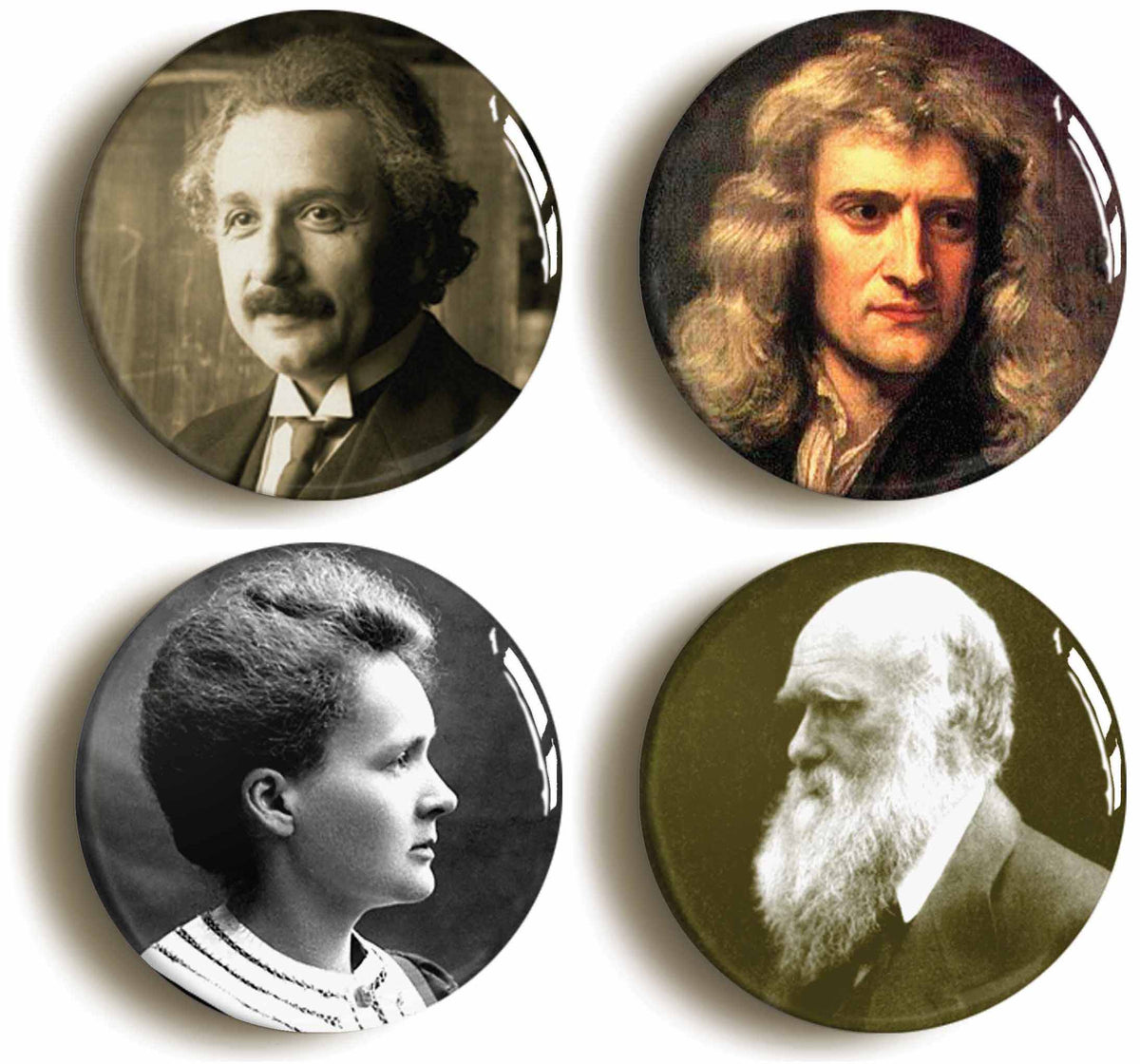 A picture of a set of four badges