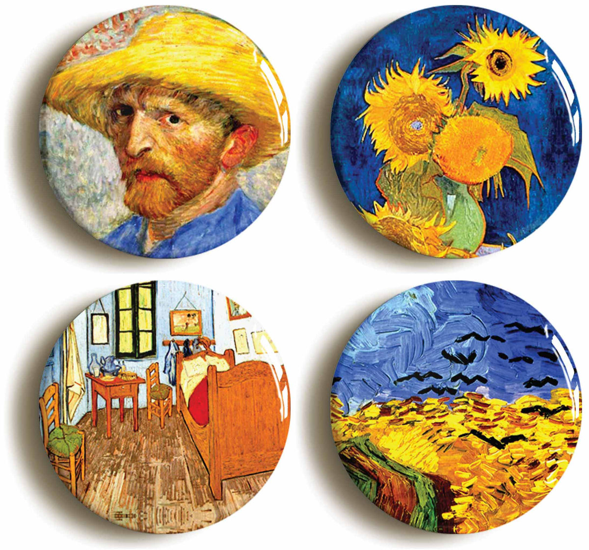 A picture of a set of four badges