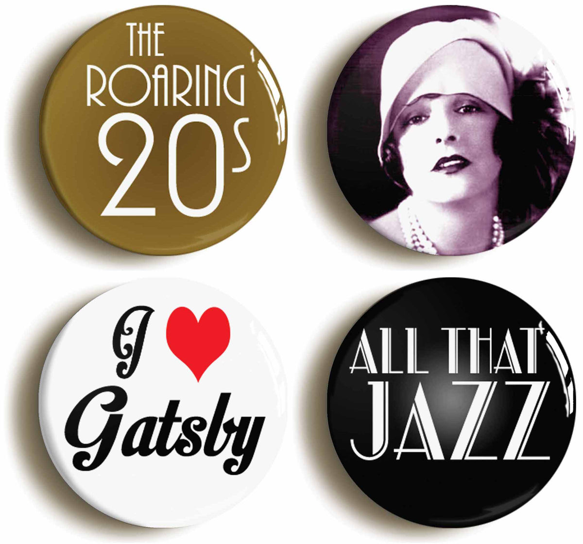 A picture of a set of four badges
